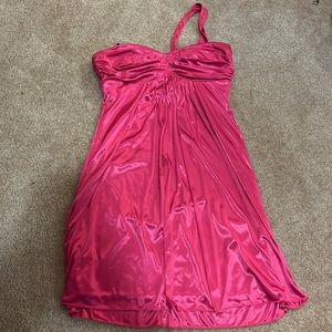 Bright pink semi formal knee-length dress.